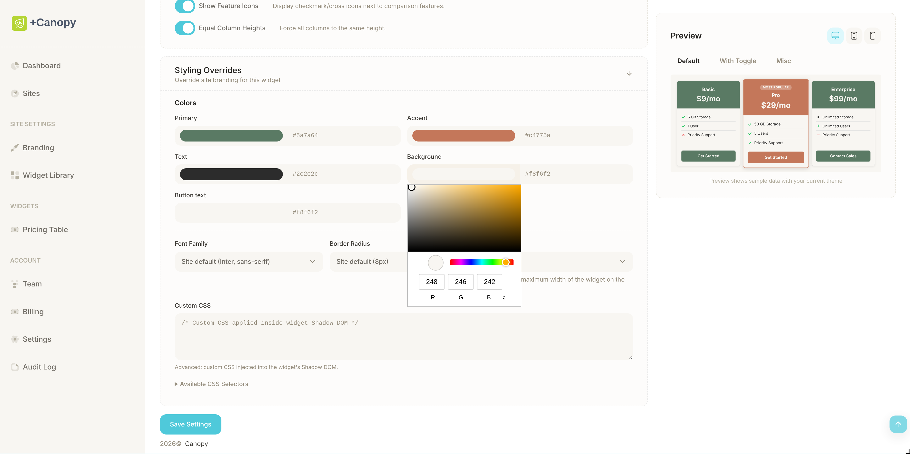 Pricing Table Widget demo 3