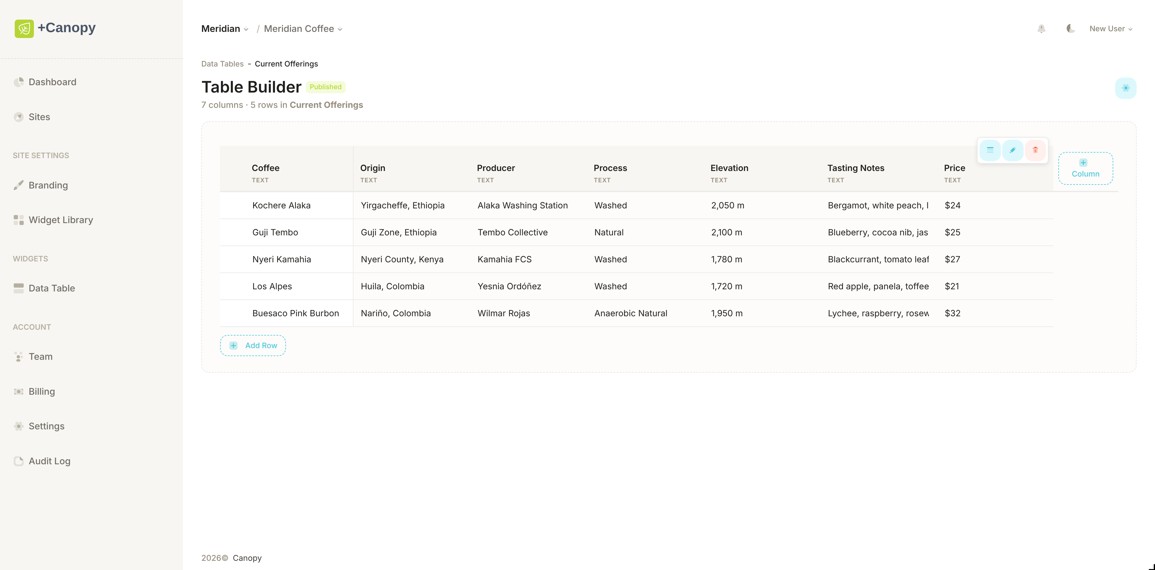 Data Table Widget demo 1
