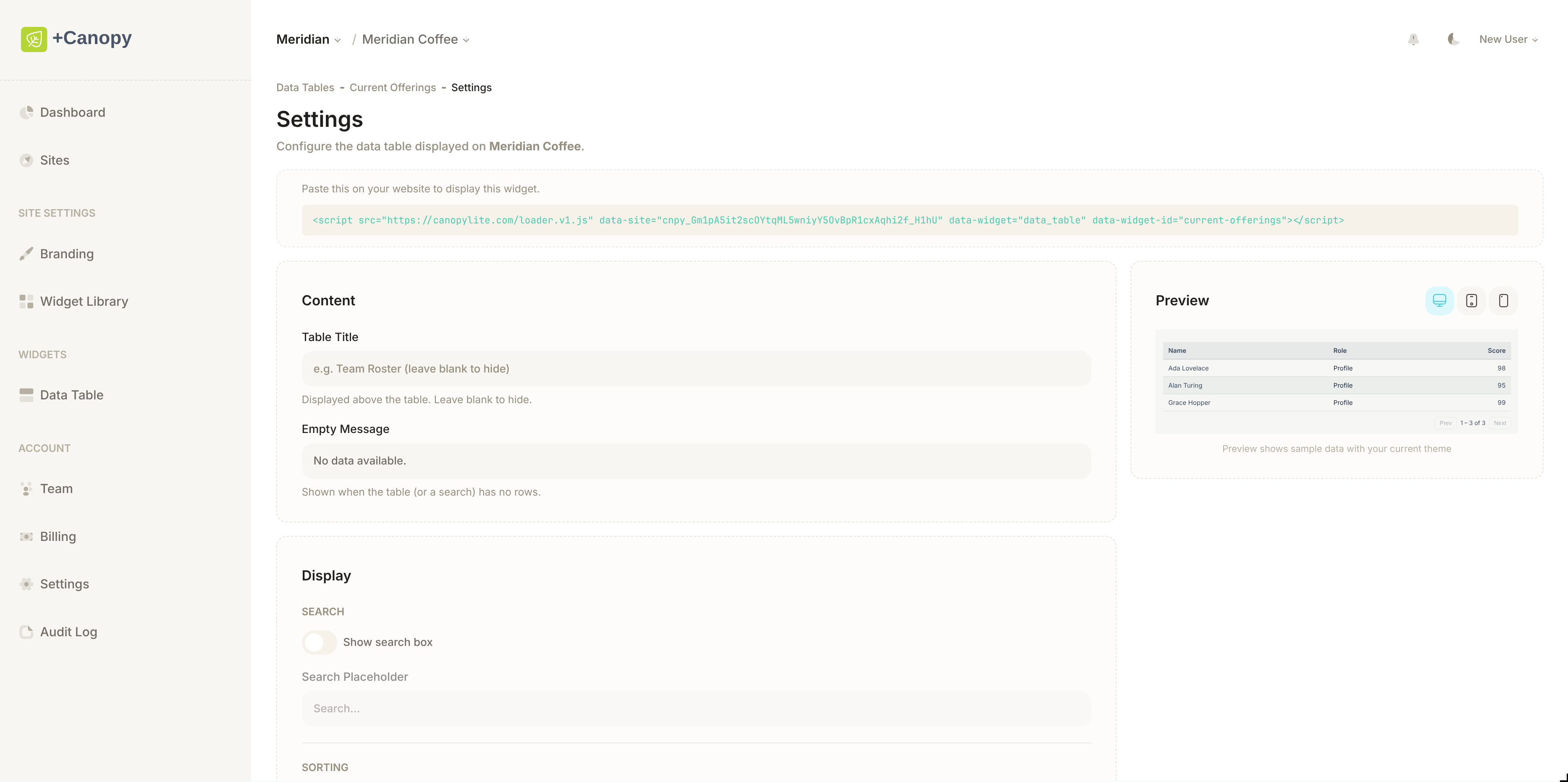 Data Table Widget demo 2