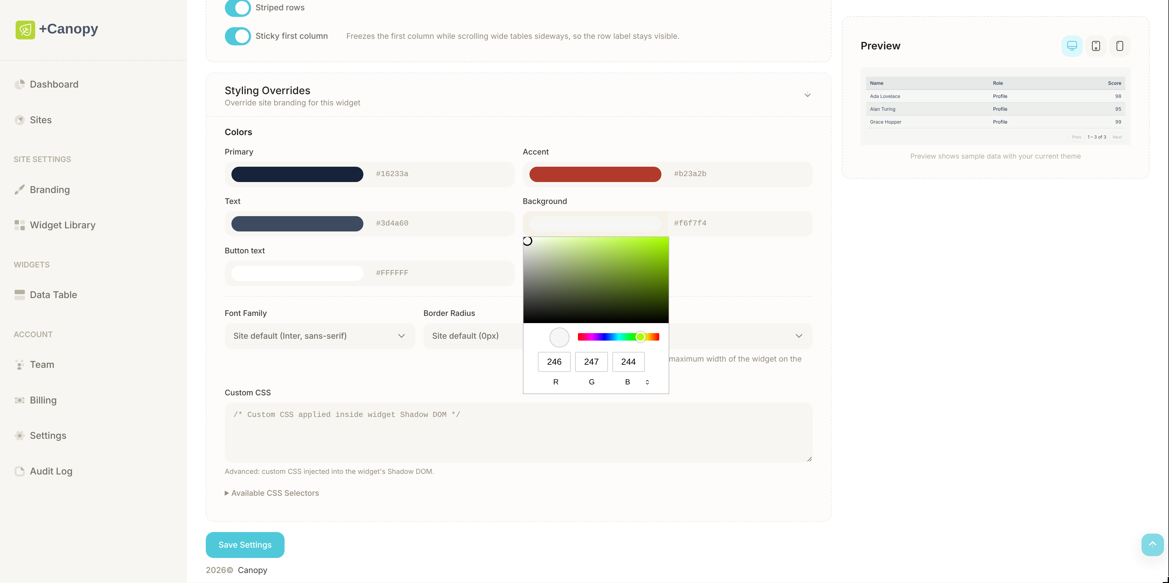 Data Table Widget demo 3